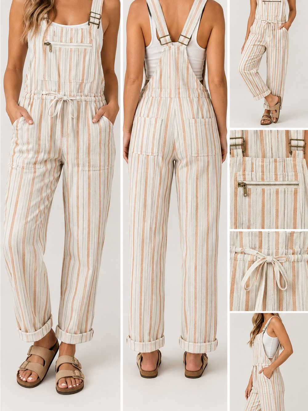 NWT Lovestitch Women’s Medium Striped Linen Blend Overalls Jumpsuit Cream Tan